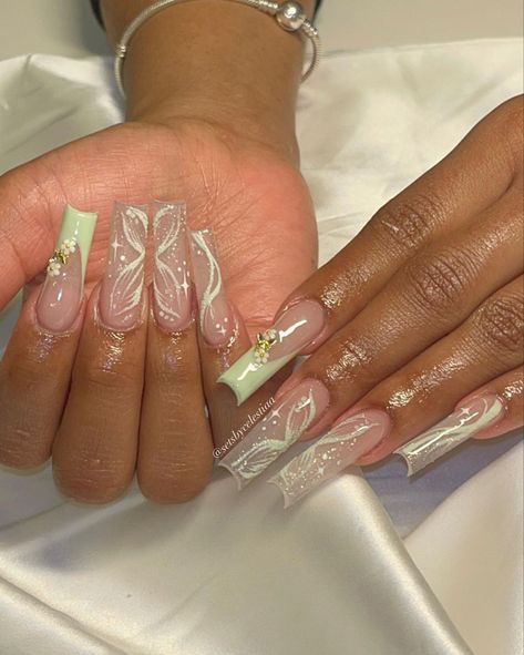 Quince Nails, Quinceanera Nails, Quartz Nails, Green Acrylic Nails, Girly Acrylic Nails, French Acrylic Nails, Unique Acrylic Nails, Soft Nails, Long Square Acrylic Nails