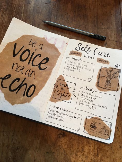 “Be a voice not an echo”. Self care page idea and positive quote for you bullet journal using an old envelope. #bulletjournal #bujo #bujoinspiration #envelope #envelopeart #selfcare #positivequotes #positivity #mind #body #expression Journal Overthinking, Positivity Scrapbook, Stop Overthinking Journal Page, Bullet Journal Self Care Ideas, Bullet Journal Ideas Mental Health, Mental Health Bullet Journal Ideas, Bullet Journal Quotes, Journal Inspiration Writing, Notes Journal