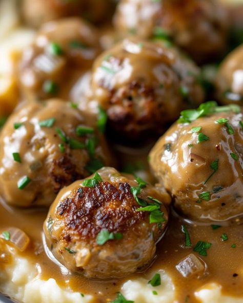 My Southern grandma taught me this recipe, and I've never been making meatballs any other way! Meatball With Mashed Potatoes, Mashed Potato Balls With Meat, Meatballs With Mashed Potatoes And Gravy, Meatballs Over Mashed Potatoes, Oven Baked Meatballs Ground Beef, Meatballs And Mashed Potatoes, Mash Potatoes And Meatballs, Meatballs In The Oven, Making Meatballs