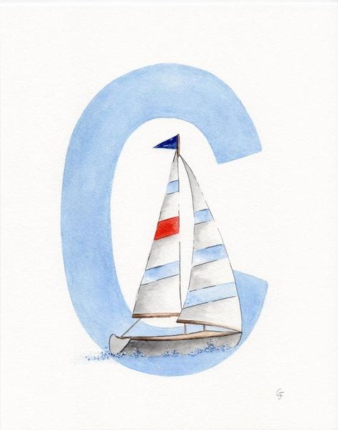 French Nursery Decor, Sailboat Watercolor, Sailboat Nursery, Painted Monogram, Nautical Nursery Art, Hand Painted Monogram, Baby Boy Nursery Art, Monogram Painting, Boy Nursery Decor