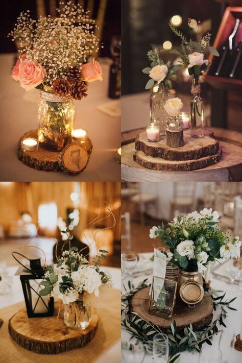 rustic tree stump wedding centerpiece - rustic wedding centerpiece ideas Round Wood Centerpiece Wedding, Stump Wedding Decor, Tree Stump Wedding Decor, Wedding Centerpieces Roses, Rustic Wedding Centerpiece Ideas, Wood Centerpieces Wedding, Country Wedding Centerpieces, Wedding Decor Centerpieces, Log Centerpieces