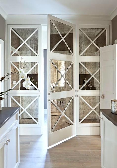 A $10,000 Kitchen Design Mistake - Part I & 2 - Laurel Home Mirrored Cabinet Doors, Loft Door, Mirror Doors, Glass Pantry Door, Leaded Glass Door, Mirrored Doors, Door Design Photos, Best White Paint, Wooden Floating Shelves