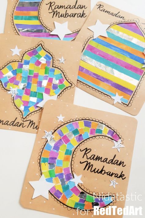 Part of our special Ramadan Activities series for kids. Make these beautiful upcycled ramadan cards with kids. We particularly love the torn paper crescent moon cards. Eid Decoration Ideas, Eid Activities, Fun Worksheets For Kids, Ramadan Cards, Red Ted Art, Eid Card Designs, Ramadan Kids, Free Printable Crafts, Eid Crafts