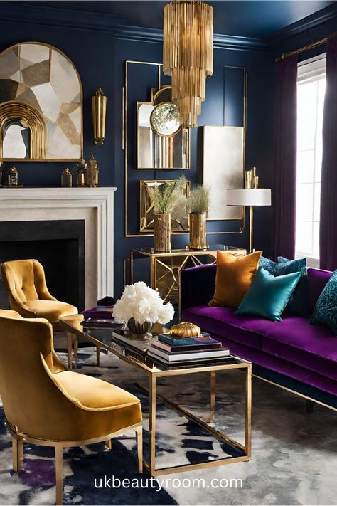 39 Small Living Room Ideas to Maximize the Space Dark Blue Home Decor, Blue Velvet Couch Living Room Ideas, Dark Blue Walls Living Room, Blue Velvet Sofa Living Room, Blue And Gold Living Room, Dark Blue Sofa, Dark Boho Living Room, Boho Living Room Inspiration, Dark Blue Colour