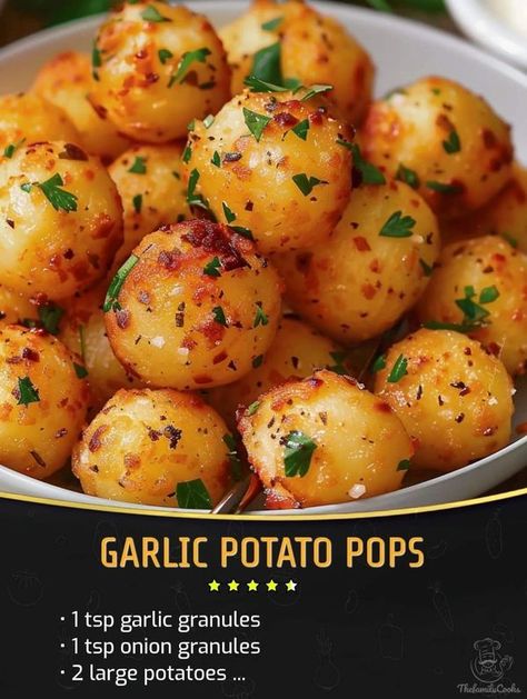 Grandma 's cooking recipe | Garlic Potato Pops | Facebook Potato Dishes Recipes, Potato Cakes Recipe, Easy Crockpot Dinners, Garlic Potatoes, Potato Recipes Side Dishes, Potato Side Dishes, Veggie Side Dishes, Potato Dishes, Cooked Vegetables