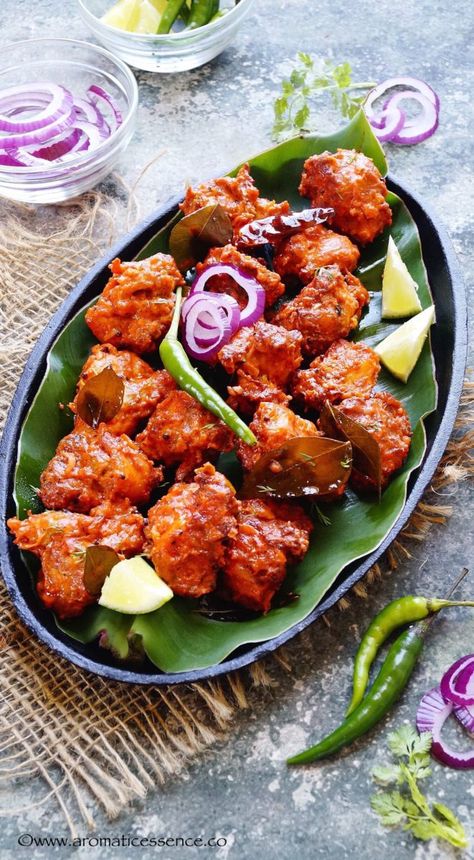 Chicken 65 (Baked Version) Indian Chicken Fry Recipe, Indian Fried Chicken, Chicken 65 Recipe, Chicken 65, Chicken Starter Recipes, Indian Chicken Recipes, Chicken Snacks, Indian Appetizers, Chicken Chunks