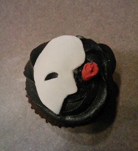 - Phantom of the Opera cupcakes I donated for my kids school band bake sale. They are chocolate cheesecake flavored. Phantom Of The Opera Cupcakes, Theatre Cupcakes, Prom Food, Party Characters, Chocolate Cheesecake, Bake Sale, Phantom Of The Opera, Cake Frosting, Birthday Cupcakes