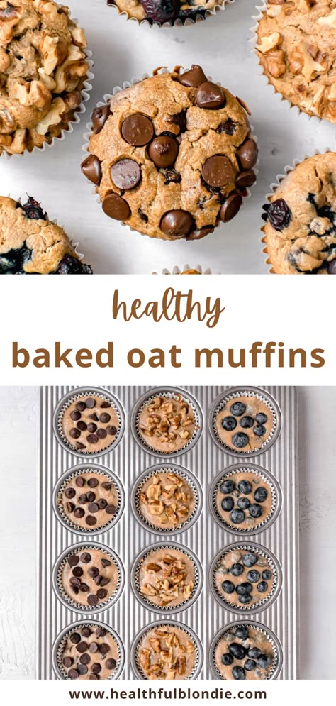 Healthy and moist blender baked oatmeal muffins three different ways: blueberry, banana walnut, or chocolate chip. Made in a blender from real and simple ingredients like rolled oats, banana, and almond milk, this oatmeal muffin recipe is the perfect healthy breakfast, snack, or dessert. Choose your favorite toppings and enjoy these gluten free, refined sugar free, and dairy-free baked oats muffins! #HealthyBreakfastRecipe #BakedOatmeal #Muffins #BlenderBakedOatmeal #EasySnack Healthy Breakfast Oat Muffins, Oatmeal Muffins No Banana, Baked Oats Muffins, Dairy Free Oatmeal Muffins, Oat Breakfast Muffins, Breakfast Oatmeal Muffins, Baked Oat Muffins, Banana Oatmeal Muffins Healthy Easy, Almond Flour Oatmeal Muffins