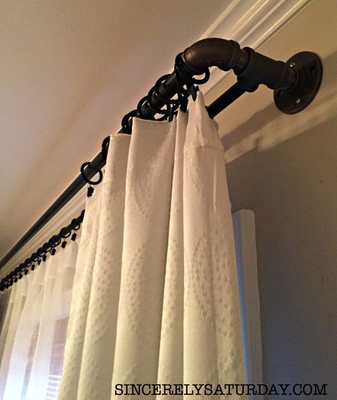 Best double curtain rod ever! - 2 years later Burlap Window Treatments, Window Treatments Ideas, Diy Curtain Rods, Curtains Pictures, Industrial Farmhouse Decor, Double Curtain Rod, Bed Interior, French Curtains, Double Window