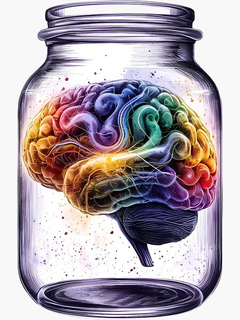 "Colorful Neurodivergent Brain in a Jar, Artistic Neuroscience Decal, Creative Mind Vinyl, Laptop and Journal Sticker, Psychologist Gift, Study Aid in a " Sticker for Sale by WatermelonPink | Redbubble Brain Poster Aesthetic, Neurodivergent Brain Art, Brain In A Jar, Neurodivergent Brain, Neuroscience Art, Neurology Art, Brain Poster, Medical Artwork, American Girl Doll Furniture