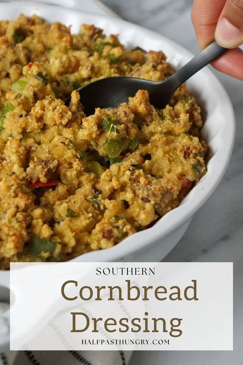 A classic Southern Cornbread Dressing Recipe that is full of flavor and loaded with onions, celery, and bell peppers. It’s a Thanksgiving family favorite and it's perfect for your holiday dinners. This soul food cornbread dressing recipe is a more traditional old fashion dressing, a classic that’s a must-have on every holiday table. The best cornbread dressing is made from scratch with cornbread and a combination of onions, celery, and bell peppers, cream of celery, and cream of mushroom. Old Fashion Dressing, Old Fashion Dressing Recipe, Old Fashioned Cornbread Dressing, Soul Food Cornbread Dressing, Southern Dressing, Southern Cornbread Dressing, Cornbread Dressing Recipe, Southern Style Cornbread, Cornbread Dressing Southern