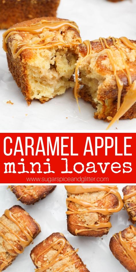 Caramel Apples get a bakery make-over with these Mini Caramel Apple Crumb Cakes - fun, single-serving fall dessert for snacking or entertaining. A copycat Starbucks recipe that is super simple to make Apple Coffee Cake Muffins, Caramel Apple Mini, Apple Crumb Cake Recipe, Mini Bread Loaves, Mini Loaf Cakes, Crumb Cakes, Loaf Pan Cake, Apple Crumb Cakes, Mini Caramel Apples