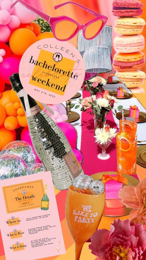 Bachelorette Slumber Party Themes, Bachelorette Party Tequila Sunrise, Bright Colour Bachelorette Party, Orange Themed Bachelorette Party, Veuve Birthday Party, Veuve Bachelorette Theme, Feeling Spritzy Bachelorette, Rendeveuve Bachelorette, Bachelorette Itenary Ideas