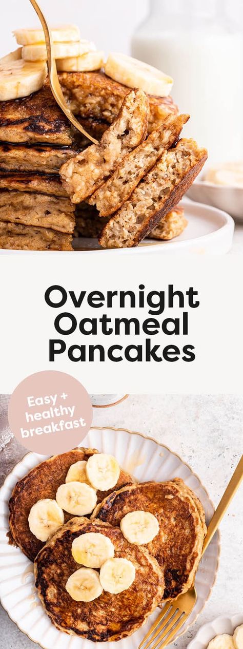 These healthy overnight oatmeal pancakes are hearty and packed with nutritious ingredients like rolled oats, whole wheat flour and Greek yogurt. They make for a quick and easy breakfast that the whole family will love! Healthy Overnight Oatmeal, Healthy Pancakes Easy, Oatmeal Pancakes Easy, Overnight Oatmeal Healthy, Overnight Oats With Yogurt, Yogurt Pancakes, Overnight Oatmeal, Oatmeal Pancakes, Pancakes Healthy