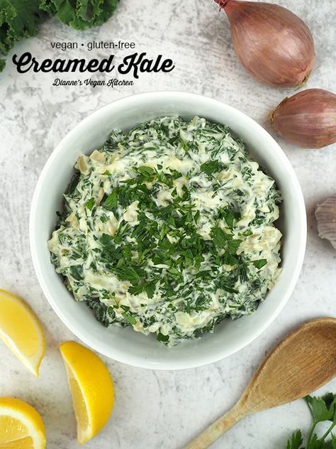 Although it's delicious year-round, vegan Creamed Kale has become a holiday favorite. It's just not Thanksgiving unless there's a pile of Creamed Kale on plate, and I love to make it for Christmas dinner, too. You might want to double the recipe, because this side dish disappears quickly. This easy dairy-free recipe is a hit with vegans and omnivores alike, and as a bonus, it's gluten-free. #vegan #Thanksgiving #sidedish #glutenfree Pesco Vegetarian Recipes, Thanksgiving Sidedish, Dairy Free Recipes Easy, Creamed Kale, Vegan Holiday Recipes, Vegan Christmas Recipes, Vegan Holiday, Vegan Thanksgiving Recipes, Going Vegetarian