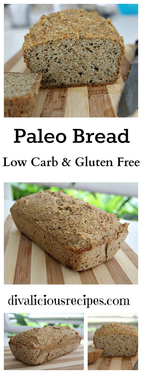 Paleo Bread [1 ½ cups (144g) almond flour, 1/4 cup (28g) coconut flour, 1/4 cup (42g) ground flaxseed flour, 2 tbl psyllium husk powder, 1 ½ tbl baking powder, 2 tbl (20g) chia seeds, 1/4 tsp salt Mix all. Add 5 eggs, then 1/4 cup olive oil (or coconut oil), then 2 tbl apple cider vinegar, then 1/2 cup boiling water 350,45m] Easy Paleo Bread, Paleo Sandwich Bread, Grain Free Bread Recipe, Paleo Sandwich, Sugar Free Bread, Paleo Bread Recipe, Low Carb Pancake Recipe, Galletas Keto, Gluten Free Sandwich Bread