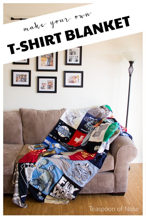 Tshirt Quilt Diy, Sewing Knowledge, T Shirt Blanket, Distressed Tshirt Diy, Shirt Blanket, Tee Shirt Quilt, Memory Blanket, Tshirt Blanket, Diy T Shirt