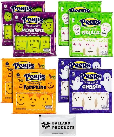 This Halloween candy bulk pack of Peeps marshmallows includes 2 boxes of each Halloween Peeps candy: Monsters, Skulls, Ghosts, and Pumpkin Marshmallows, 12 of each shape. This bundle of Halloween treats for kids also includes a Ballard Products moist towelette for keeping your hands and face clean. This candy variety pack has the best Halloween candy marshmallows for decorating or eating. With 48 total colorful Peeps marshmallows, this candy pack has great Halloween candies Peeps Flavors, Best Halloween Candy, Halloween Peeps, Peeps Marshmallow, Cheap Candy, Peeps Candy, Monster Shapes, Halloween Cake Decorating, Marshmallow Peeps