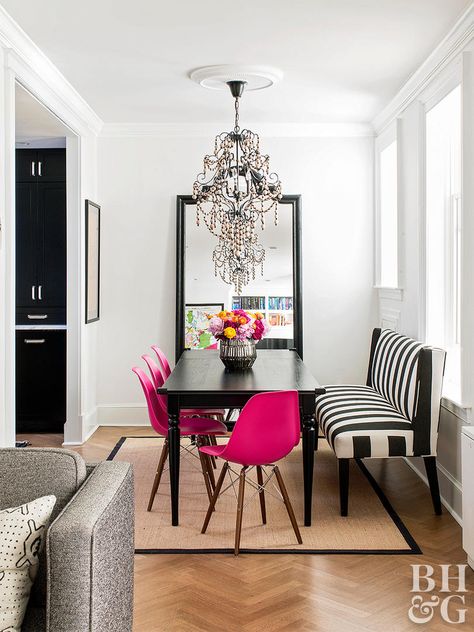 Black And Pink Home Interior, Laid Back Luxe Interiors, Hot Pink Dining Room, Colorful Lobby Design, Black And White Home Decor With Pops Of Color, Modern Decor For Living Room, Black And White With Pop Of Color Decor, Modern With Pops Of Color, Modern Interior Design Dining Room