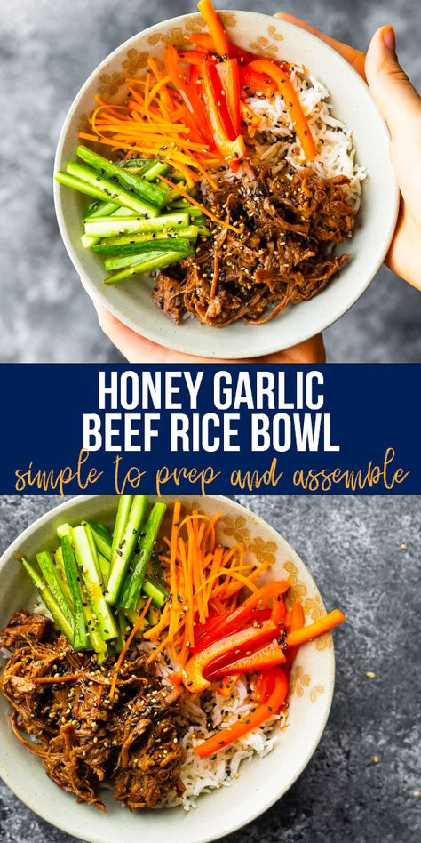 Honey garlic beef rice bowls have juicy shredded honey garlic beef, crunchy carrots and bell peppers, and a tangy sesame vinaigrette. Served cold, they work well for meal prep or for a simple dinner. #sweetpeasandsaffron #mealprep #simpledinner #beef #slowcooker #ricebowl #honeygarlic Sesame Rice Bowl, Healthy Meal Prep Beef, Shredded Beef And Rice, Shredded Beef Bowls, Lunch Rice Bowls, Cold Meals For Dinner, Easy Rice Bowls, Meat Bowls, Healthy Rice Bowls