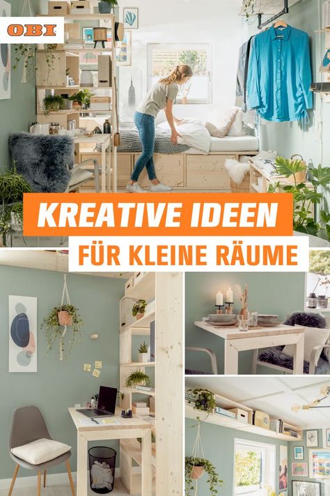 Wir zeigen dir kreative Lösungen für kleine Räume und wie du deine 1-Zimmerwohnung so einrichten kannst, dass keine Wünsche offenbleiben. Mit unseren DIY-Lösungen für viel Platz auf wenig Raum findest du Inspirationen zum selber bauen deines Klapptisches, Bett auf einem Podest mit Stauraum oder deiner Kleiderstange mit Seilzug. Lass uns eine Checkliste erstellen, mit der du gleich loslegen kannst! Alles machbar mit OBI. Tiny Room, Micro Apartment, Small Room, Ikea Hack, Ironing Center, Home Deco, Home Organization, Tiny House, Sweet Home