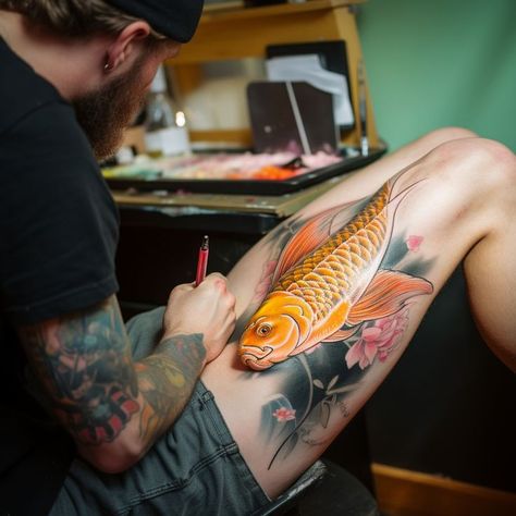 Detailed koi fish thigh tattoo being created by a skilled artist in a serene studio setting, surrounded by pink flowers and green leaves. Symbolic of perseverance and good fortune. Koi Fish Thigh Tattoo, Cozy Tattoo, Studio Setting, Koi Fish Tattoo, Fish Tattoo, Animal Tattoos, Thigh Tattoo, Koi Fish, Lush Green