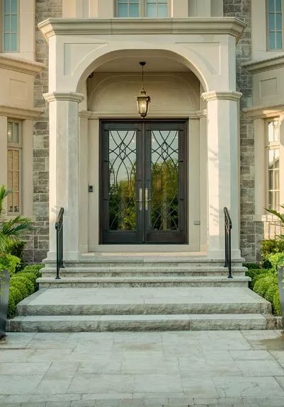 PCM | Custom Home Construction | Ontario Front Porch Stone Steps, Stone Front House, Dream House Entrance, Front Porch Stone, House Window Design, Stair Design, Stairs Design Interior, Classic Villa, Entrance Door Design