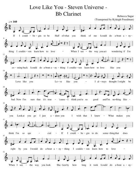 Love Like You - Bb clarinet sheet - Steven Universe - Rebecca Sugar (transposed by Kyleigh Freedman) - Clarinet sheets on Musescore.com Music Sheets For Clarinet, Clarinet Sheet Music With Letters, Clairent Sheet Music, Fun Clarinet Sheet Music, Clarinet Music Sheets, Love Like You Steven Universe, Clarinet Tips, Clarinet Sheet Music Easy, B Flat Clarinet Sheet Music