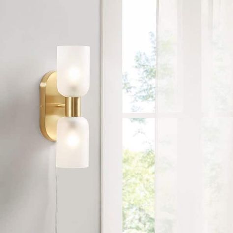 Modern Gold Double Tube 2-Light Wall Sconce - Stylish Lighting Fixture for Indoor Use - 14H - Bed Bath & Beyond - 38451472 Mantel Bedroom, Scandinavian Style Home, Contemporary Vanity, The Dove, Copper Lamps, Wall Fans, Wall Light Fixtures, Glass Wall, Glass Shades