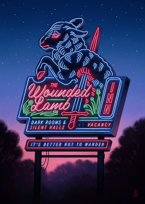 You glimpsed a building through the trees, as day slipped into night — darkened windows glistening beneath the neon lights. -- Art print on thick, archival matte paper. Modern Magic, Vintage Neon Signs, American Gothic, Dark Room, Neon Lighting, Pretty Art, Neon Sign, Art Blog, Dark Art