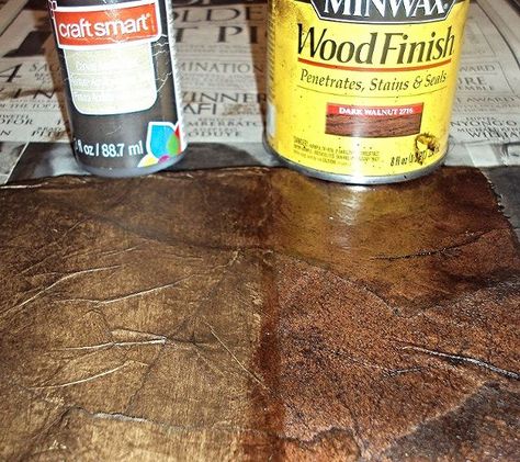 how to create a faux leather finish using brown paper, painted furniture, repurposing upcycling, Here is a closer look at the Raw Umber Craft Paint L next to the Dark Walnut Stain R Note the black paint in the prior example was diluted with water and will need another coat once dry The samples were still wet in the photo Paper Bag Walls, Faux Leather Walls, Paper Bag Flooring, Furniture Repurposing, Red Mahogany Stain, Mahogany Stain, Leather Wall, Acrylic Craft Paint, Faux Painting