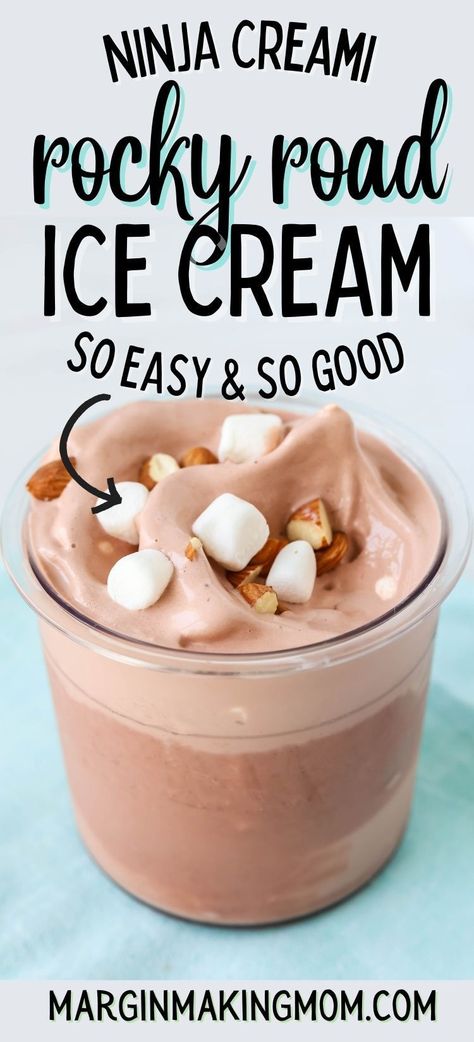 I've always loved rocky road ice cream, so naturally, I wanted to make a version in the Ninja Creami! This recipe is a low sugar option, so it's a bit healthier than most, but it's so delicious! Rocky Road Ninja Creami, Pineapple Ninja Creami Recipe, Ninja Creami Protein Coffee Ice Cream Recipe, Ninja Creami Rocky Road Ice Cream, Ninja Creami Ice Cream Recipes Without Cream Cheese, Ninja Creami Ice Cream Recipes Low Carb, Low Carb Ninja Creami Recipes, Ninja Creami Ice Cream Recipes Low Sugar, Ninja Creami Milkshake Recipe