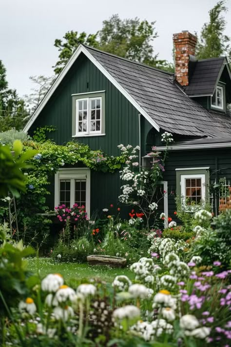 Cute Terrace House, Colored Trim Exterior, Emerald Green Exterior House Colors, Green House Exterior White Trim, Green House White Trim, Green Painted House, Dark Green Cottage, House Color Green, Green Home Exterior