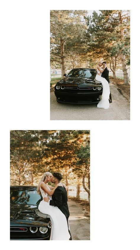 Dodge Challenger wedding photos sports car wedding vibes kissing on the hood of car Car Enthusiast Wedding, Car Guy Wedding, Wedding Car Ideas, Getaway Car Wedding, Car Wedding Photos, Wedding Anniversary Photoshoot, Car Themed Wedding, Car Wedding, Wanna Recreate