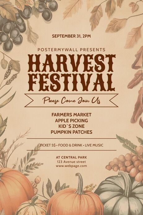 Brown Vintage Harvest Festival Poster | PosterMyWall Thanksgiving Poster Design Ideas, Harvest Festival Poster, Fall Festival Poster, Thanksgiving Posters, Fundraiser Poster, Thanksgiving Poster, Event Poster Template, Harvest Day, Linkedin Background Image