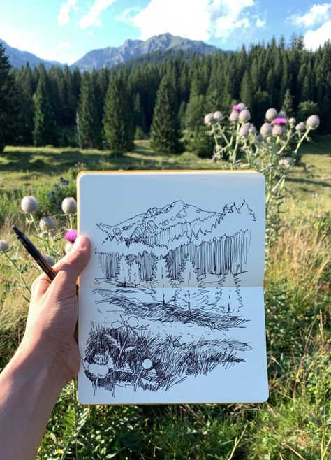 Linescapes Online Drawing Courses Landscape Nature Drawing, How To Sketch A Landscape, Drawing Landscapes Tutorial, Marker Landscape Drawing, How To Draw Landscape, Vegetation Architecture, How To Draw Mountains, Outdoor Sketching, Drawing Outside