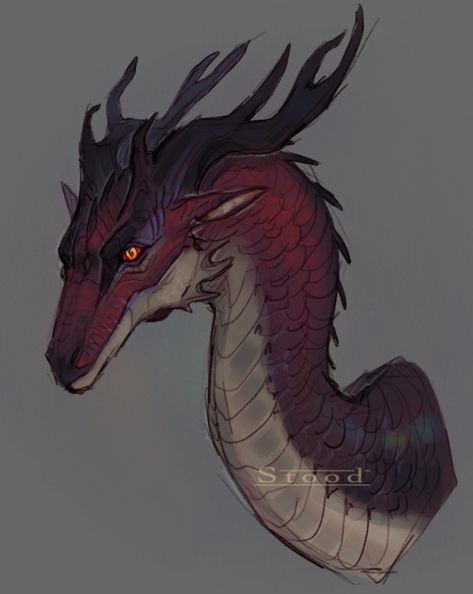 Dragon Art Realistic, Dragons With Fur, Man With Dragon Wings, Dragon Wings Reference, Dragon With Antlers, Dragon Head Reference, Four Winged Dragon, Dragon Design Art, Dragon With Horns