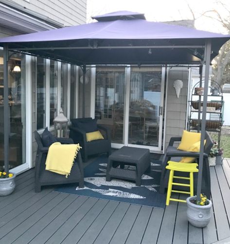 Outdoor decking and a solution for weighing down the gazebo Deck Gazebo, Outdoor Decking, Gazebo On Deck, Large Gazebo, Hot Tub Gazebo, Gazebo Ideas, Pergola Swing, Deck Construction, Backyard Gazebo