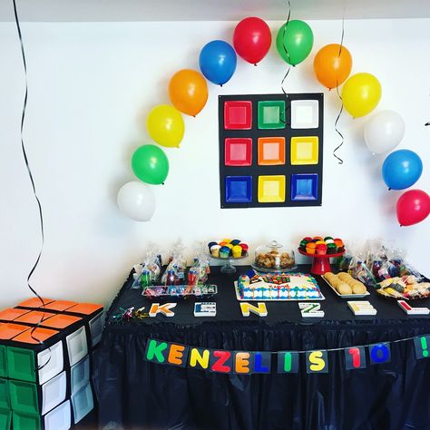 Rubik’s cube theme, colorful, puzzle theme Rubics Cube Birthday Party, Rubiks Cube Decor, Rubiks Cube Party Ideas, Rubik’s Cube Party, Rubiks Cube Birthday Party Ideas, Rubik’s Cube Birthday Party, Rubix Cube Birthday, Rubix Cube Party, Rubiks Cube Party