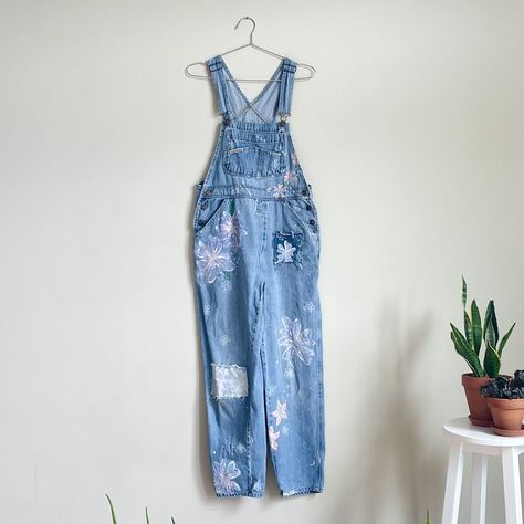 Vintage denim overalls with patches, hand painted flowers, and embroidery. Embroidery Dresses, Visible Mending, Upcycled Fashion, Floral Denim, Hand Painted Flowers, Painted Flowers, Denim Overalls, Dress Romper, Vintage Denim