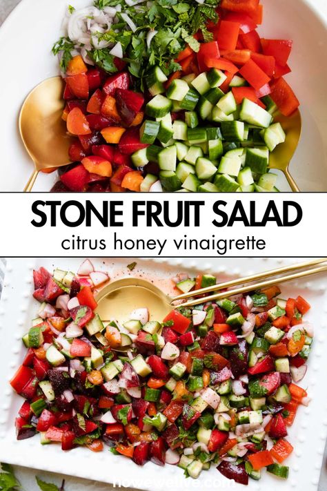 Salad With Plums, Colorful Fruit Salad, Savory Fruit Salad, Plum Salad Recipes, Plum Salad, Salad With Veggies, Fruit Salad Ingredients, Stone Fruit Salad, Crunchy Vegetables