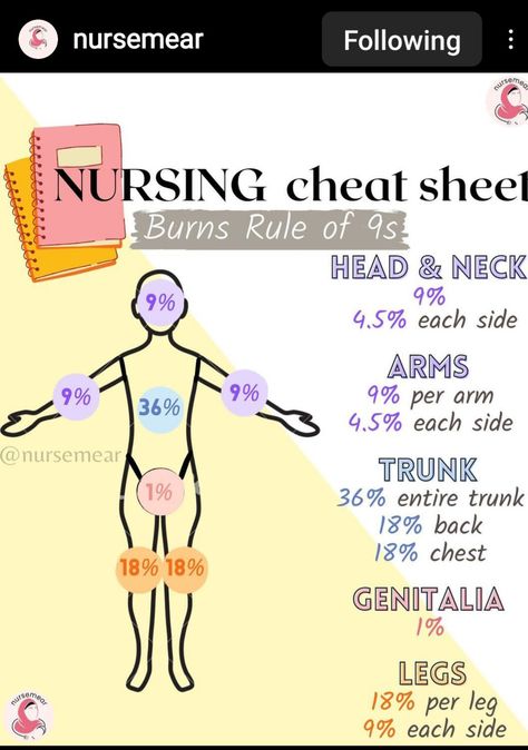 Rule Of Nines, Nursing Cheat Sheet, Nurse Study, Nursing Cheat, Nurse Study Notes, Nursing School Survival, School Things, School Survival, Nursing Study