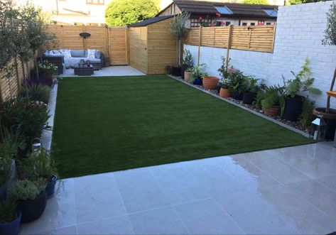 Half Patio Half Grass Garden, Small Garden Landscaping, Shed Store, Olive Trees Garden, Small Back Gardens, Garden Slabs, Small Backyard Garden Design, Urban Courtyards, Pebble Garden