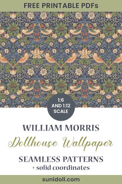 william morris wallpaper in miniature for dollhouses - seamless patterns in 1:6 and 1:12 scale you can download for free Miniature Patterns Free Printable, William Morris Free Download, Free Printable Miniatures Dollhouse 1.12, William Morris Free Printable, Dollhouse Wallpaper Printable Free Miniatures, Dollhouse Printables Wallpaper, Free Printable Dollhouse Wall Art, Printable Wallpaper Dollhouse, 1/12 Scale Printables