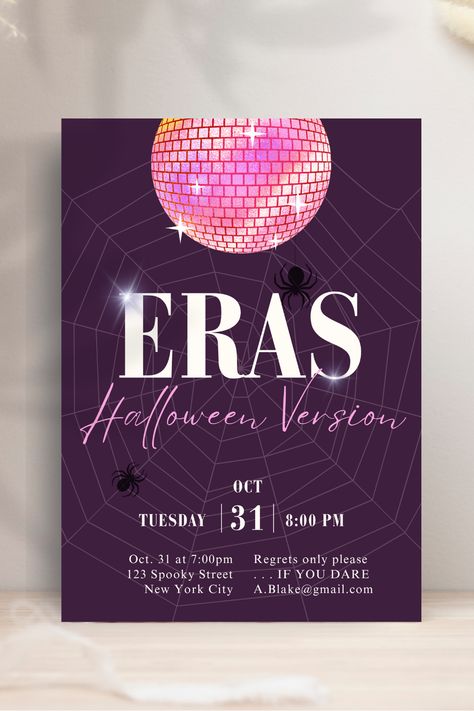 The background is a dark purple with a faint spiderweb overlay. There are two black spiders on the web. At the top is a pink disco ball (mirrorball). In the foreground is big text: "Eras Halloween Party," along with customizable Halloween party details. Taylor Swift Halloween Party, Eras Tour Mirrorball, 8th Grade Dance Themes, Taylor Swift Halloween, Inspired Costumes, Meet Me At Midnight, Halloween Party Invite, Dance Themes, Enchanted Evening