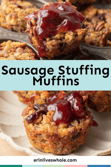 Looking for a new twist on an old favorite? Sausage stuffing muffins are the perfect bite-sized snacks or appetizers for the holidays. Not only are they easy to make, but they're also packed with flavor and a touch of festive cheer. Pair with your favorite cranberry sauce for a sweet and savory combo that’ll have everyone grabbing seconds! Stuffing In Muffin Tins Recipe, Stuffing Appetizer Recipes, Stuffing Muffins Thanksgiving, Sausage Stuffing Bites, Sausage Stuffing Muffins, Gluten Free Gingerbread Men, Stuffing Muffins, Stove Top Stuffing Recipes, Erin Lives Whole