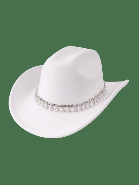 White  Collar  Polyester   Embellished   Women Accessories White Cowboy Hat Decorated, Cowboy Hats For Women Western Style, Embellished Cowboy Hat, White Cowgirl Hat, Sombrero Cowboy, Cowboy Hats Women, Cowgirl Bride, White Cowboy Hat, White Hats