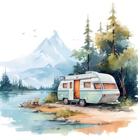 Photo creative banner digital art social... | Premium Photo #Freepik #photo Watercolor Camper Van, Van Life Illustration, Caravan Drawing, Caravan Pictures, Rv Pictures, Camping Pictures, Vans Painted, Camper Art, Inktober 2024