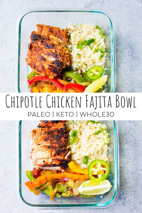 This recipe for Chipotle Chicken Fajita Bowls is the perfect meal prep dish! These chicken fajita bowls are Paleo and low carb, Whole30 compliant and super tasty!  It works for an easy weeknight meal or for quick and easy meal prep lunches. #whole30 #paleo #keto #whole30recipes #ketorecipes Keto Easy Meal Prep, Paleo Lunch Recipes, Paleo Recipes Lunch, Easy Meal Prep Lunches, Clean Meal Prep, Paleo Meal Prep, Fajita Bowls, Keto Easy, Low Carb Meal Prep