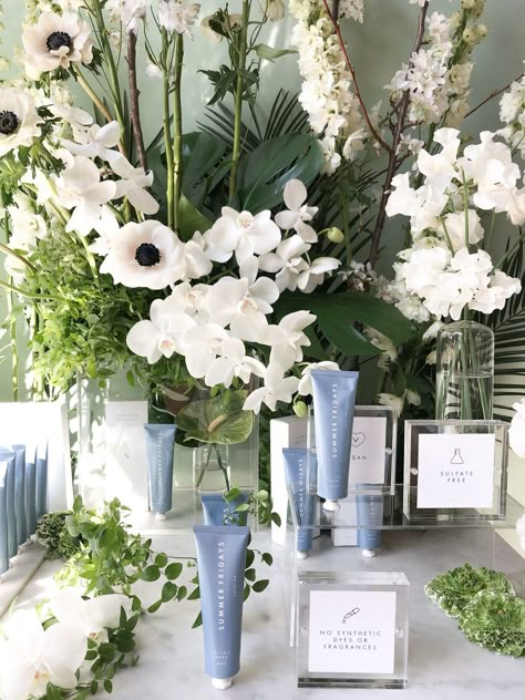 Launch Party Centerpieces, Skincare Launch Party, Spa Launch Party Ideas, Skincare Event Decor, Beauty Launch Party, Skincare Launch Event Ideas, Product Launch Event Display, Skincare Event Ideas, Product Launch Event Ideas